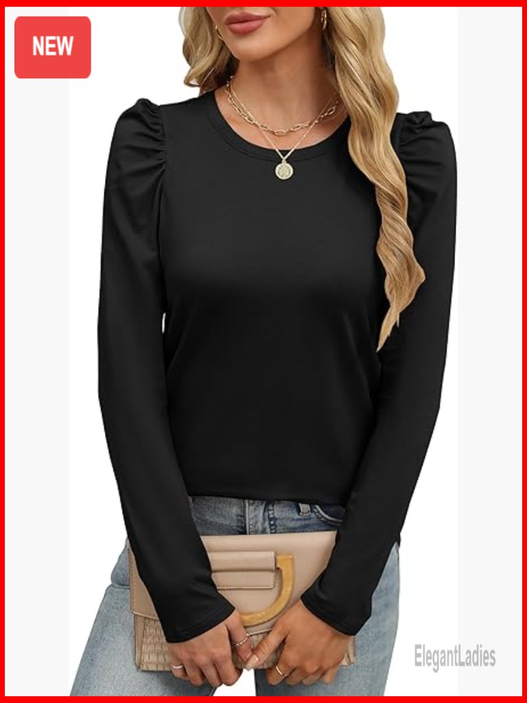 Puff Long Sleeve Tshirt Crewneck Fall Top Basic Dressy Casual Blouse Trendy
